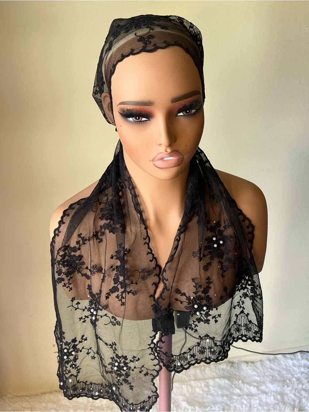 French Black Floral Lace silk Scarf Wrap for Women 50 inch long 10 inch wide